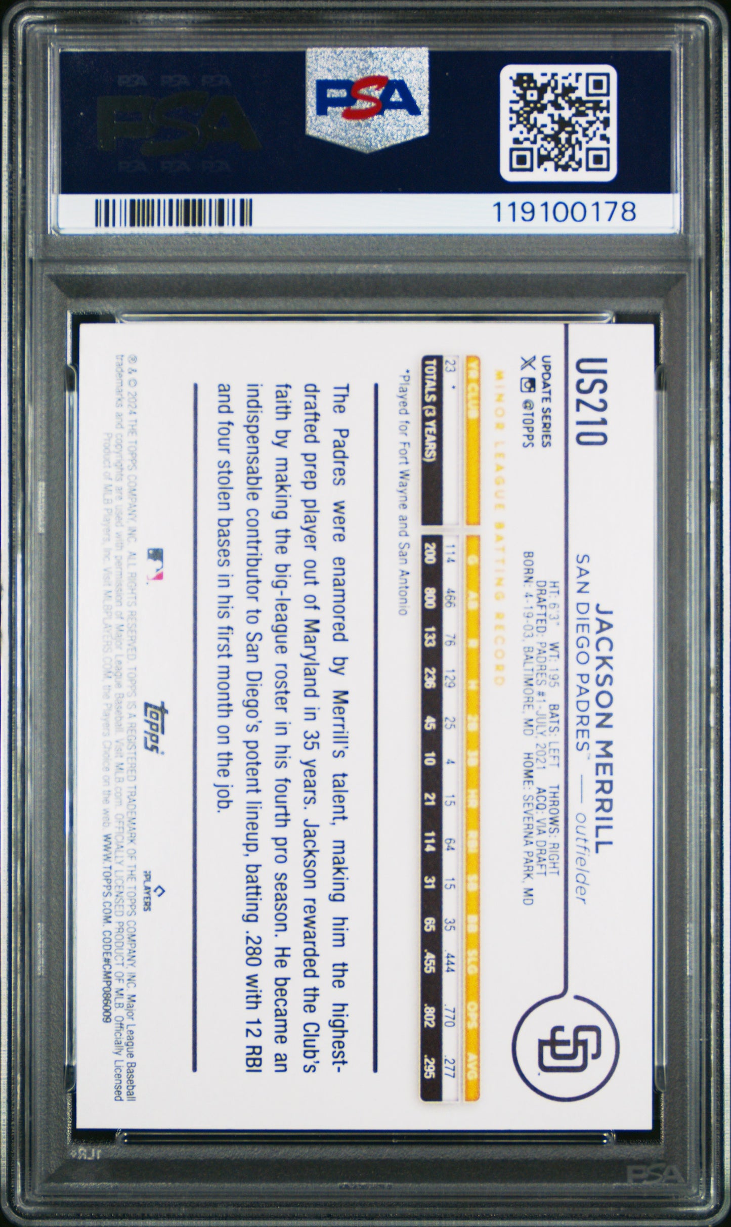 Jackson Merrill 2024 Topps Update Rookie #US210 PSA 10 Gem Mint