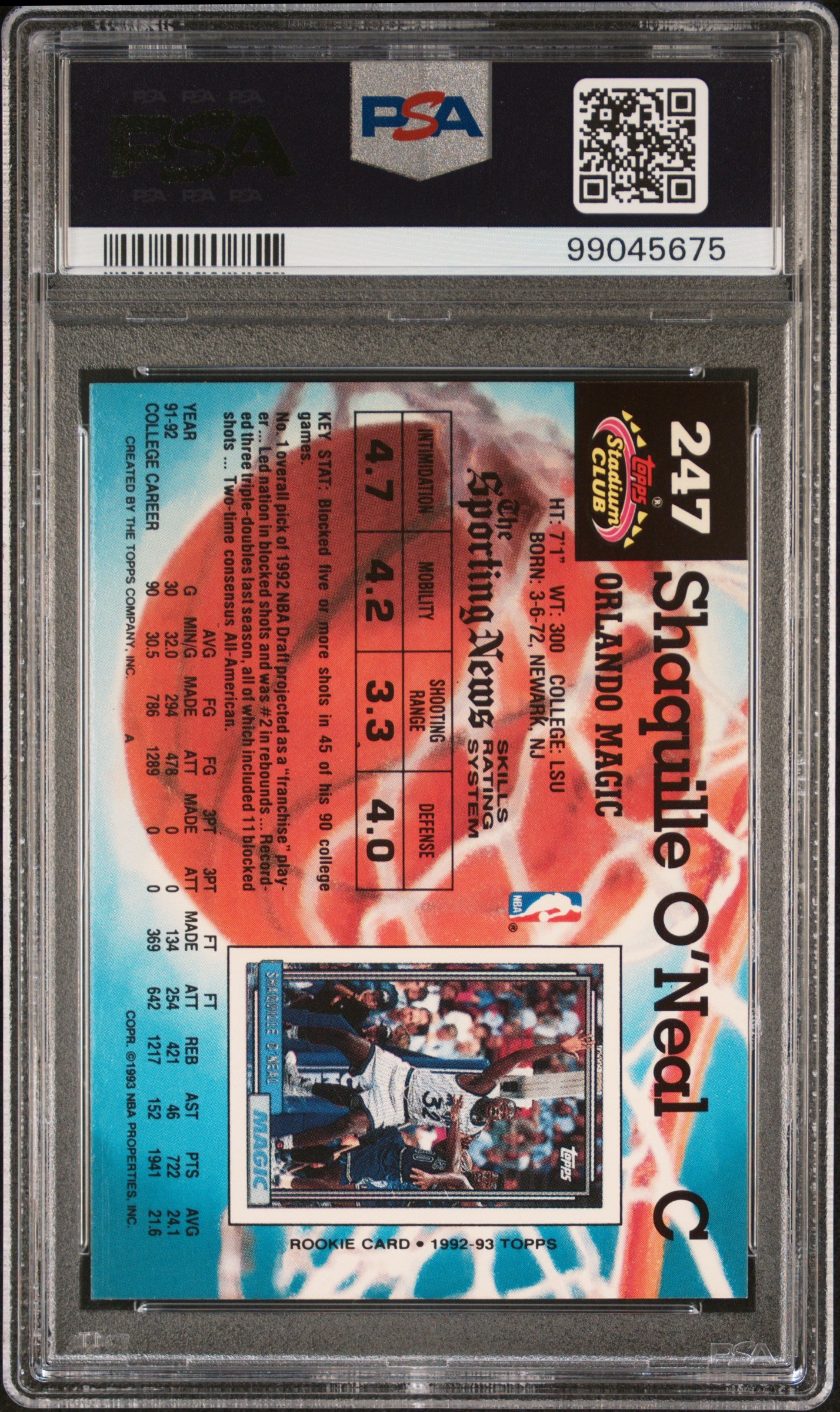 Shaquille O'Neal 1992 Topps Stadium Club Rookie #247 PSA 10 Gem Mint
