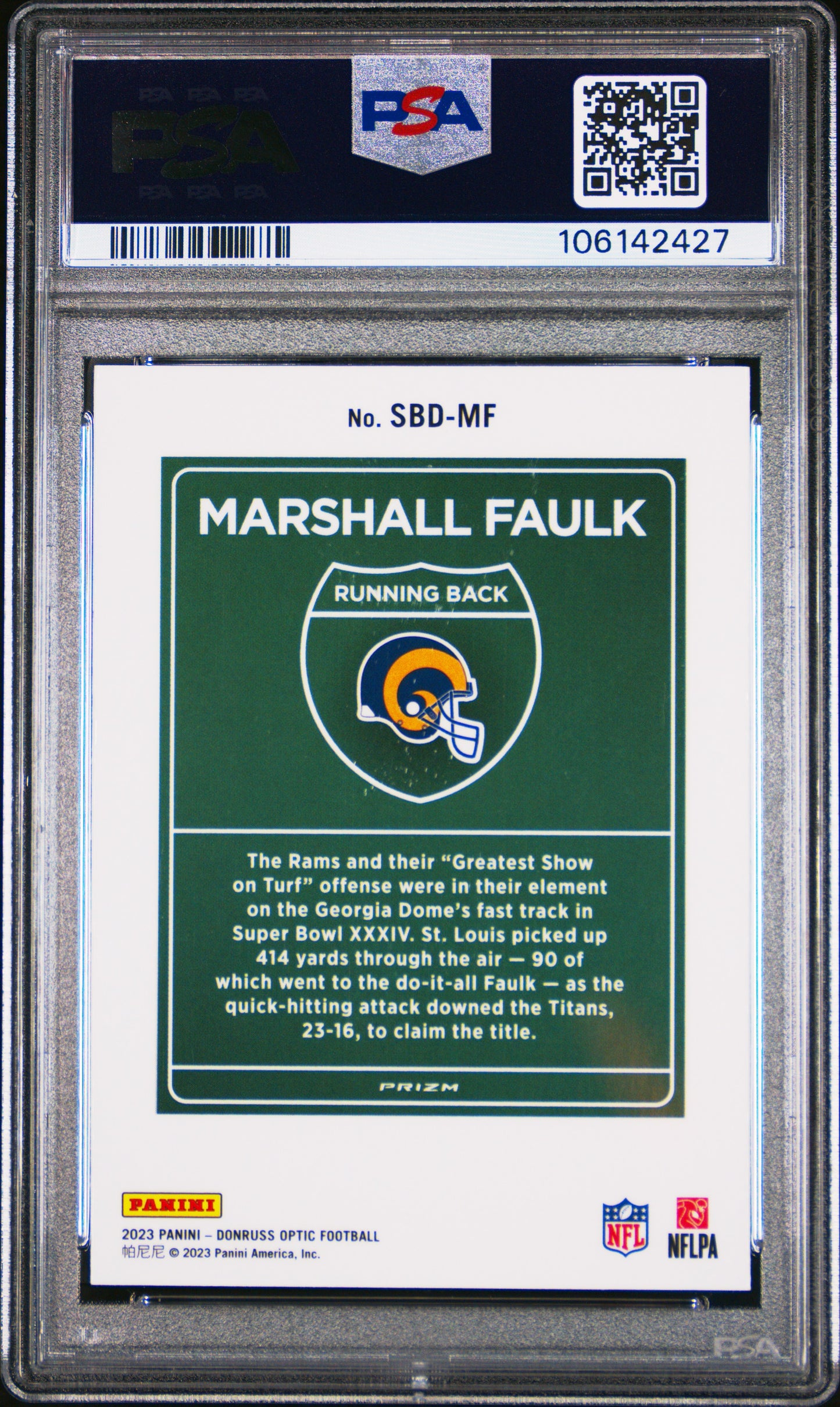 Marshall Faulk 2023 Donruss Optic Super Bowl Downtown PSA 10 Gem Mint 2427
