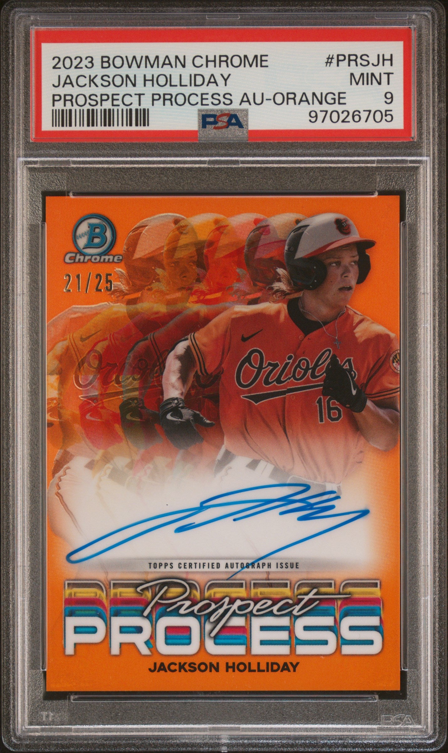 Jackson Holiday 2023 Bowman Chrome Prospect Process Orange Auto #21/25 PSA 9 Mint