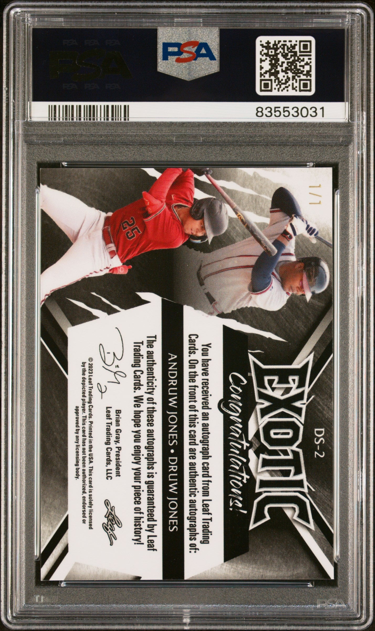 Andruw Jones + Druw Jones 2023 Leaf Exotic Dual Auto #1/1 PSA 9 Auto 10