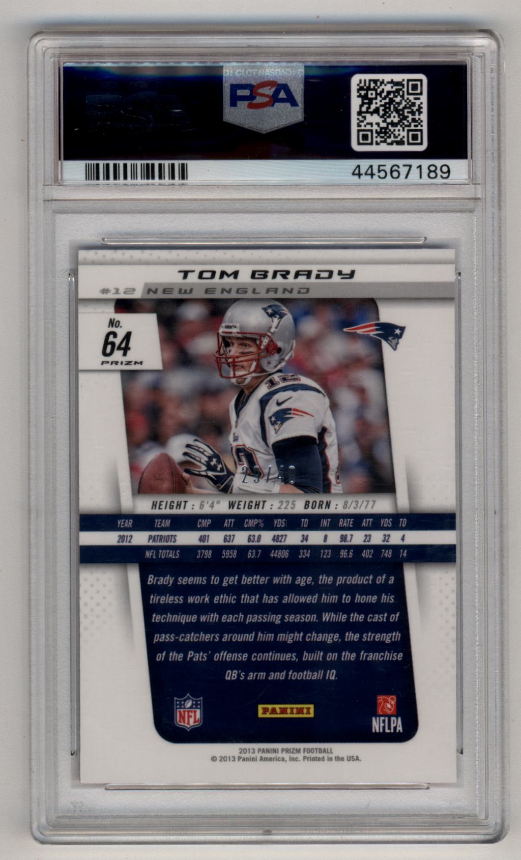 Tom Brady 2013 Prizm Purple Cracked Ice #64 29/40 PSA 10 Gem Mint