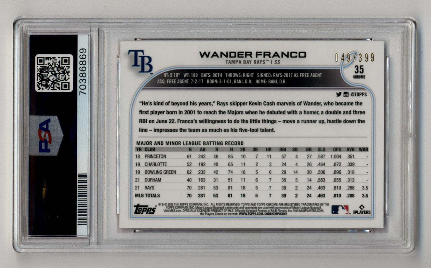 Wander Franco 2022 Topps Chrome Magenta Refractor 049/399 PSA 10 Gem Mint