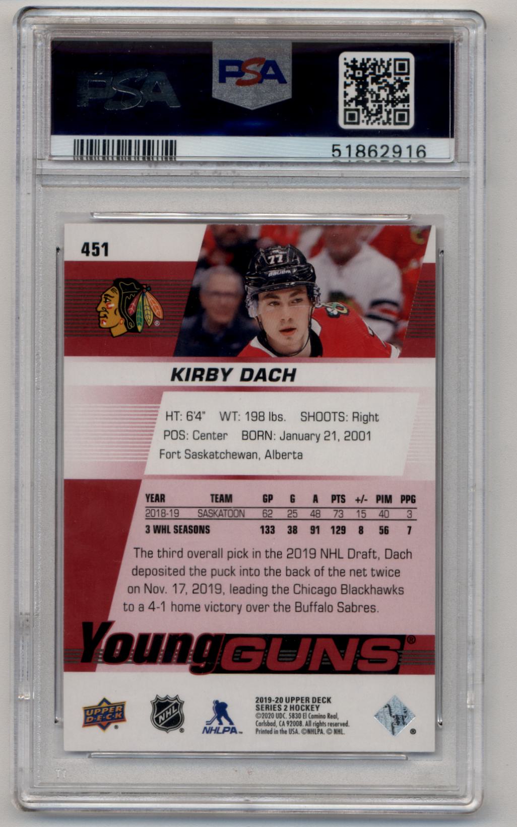 Kirby Dach 2019-20 Upper Deck Exclusives 053/100 #451 PSA 10 Gem Mint