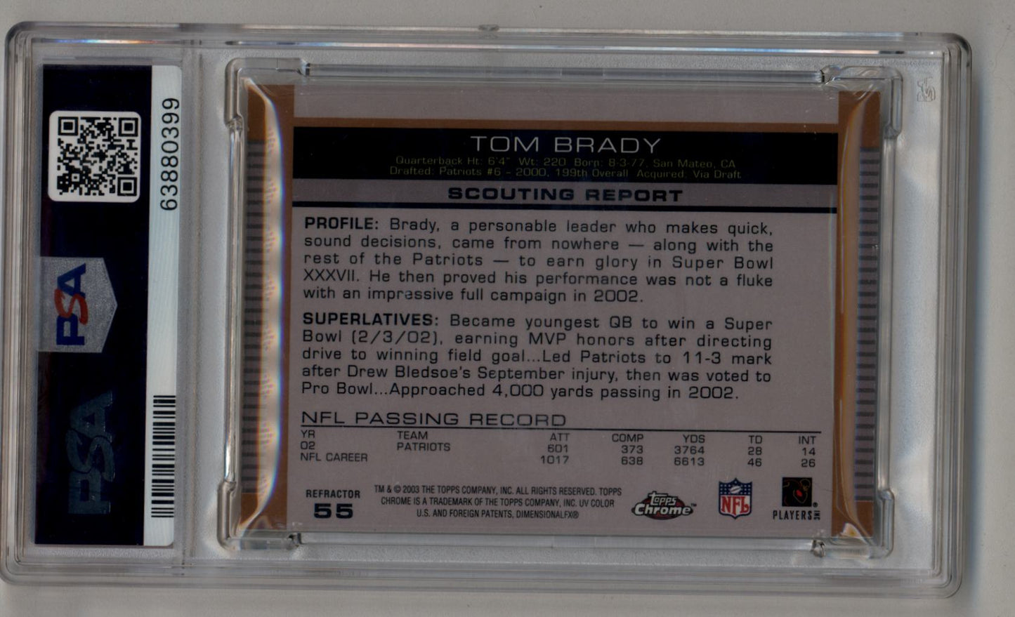 Tom Brady 2003 Topps Draft Picks Chrome Gold Refractor PSA 9 Mint
