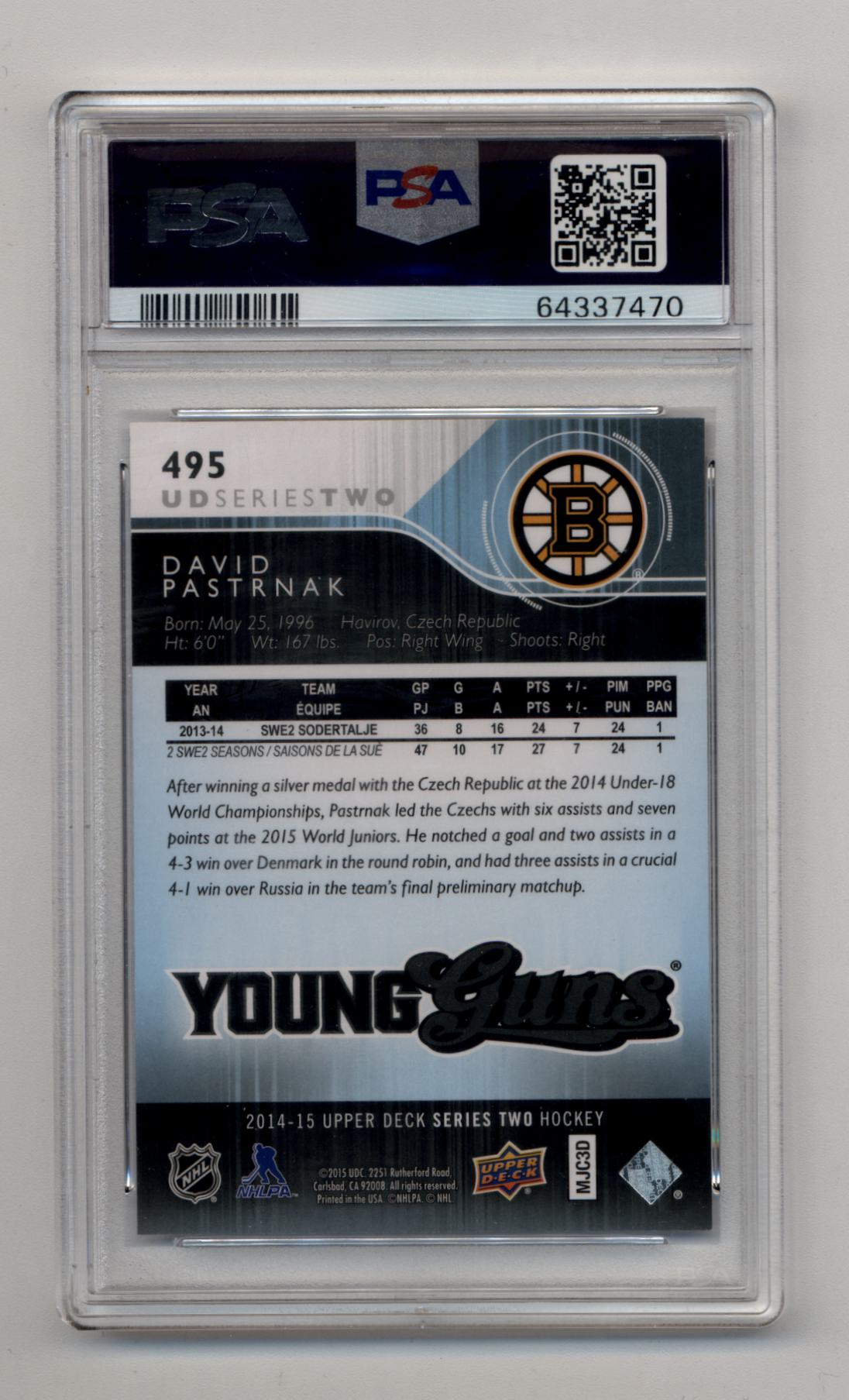 David Pastrnak 2014-15 Upper Deck Young Gun #495 PSA 9 Mint