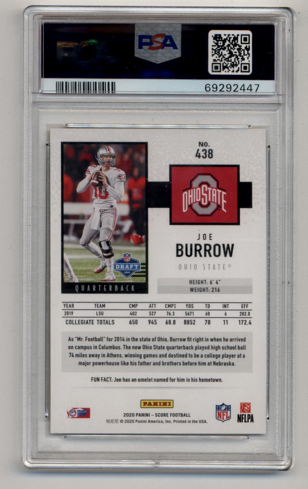 Joe Burrow 2020 Score Gold Zone #438 05/50 PSA 9 Mint