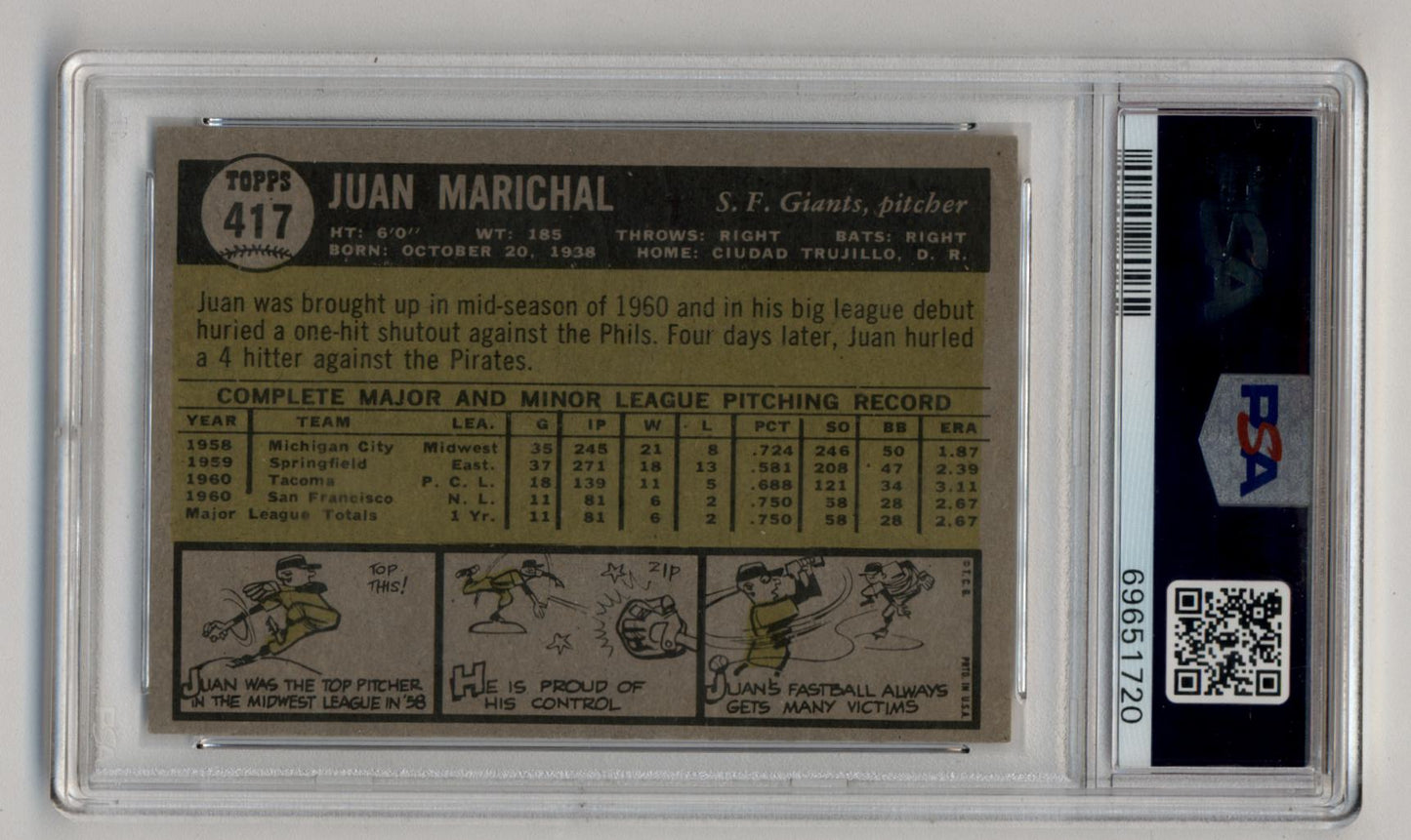 Juan Marichal 1961 Topps Rookie #417 PSA 7 Near Mint