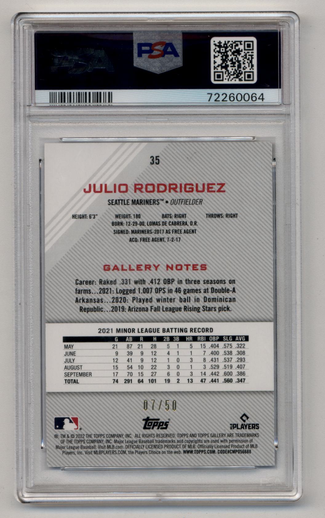 Julio Rodriguez 2022 Topps Gallery Blue Pattern 07/50 #35 PSA 10 Gem Mint