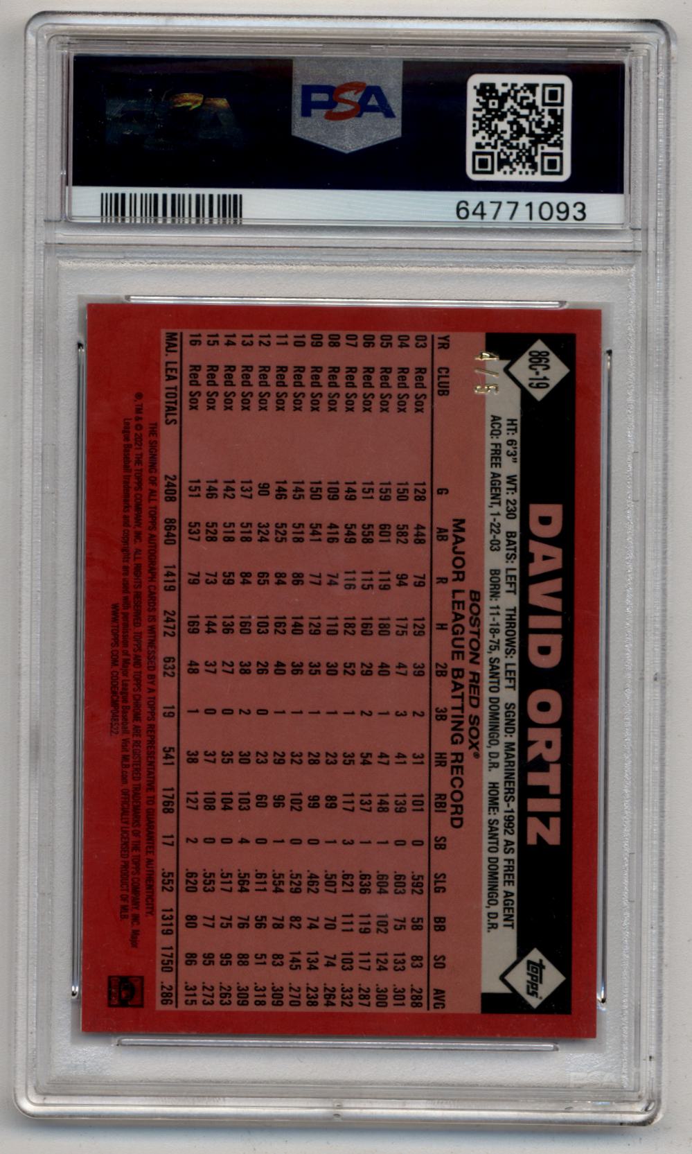 David Ortiz 2021 Topps Silver Pack Update Red Auto 4/5 PSA 9 Auto 10