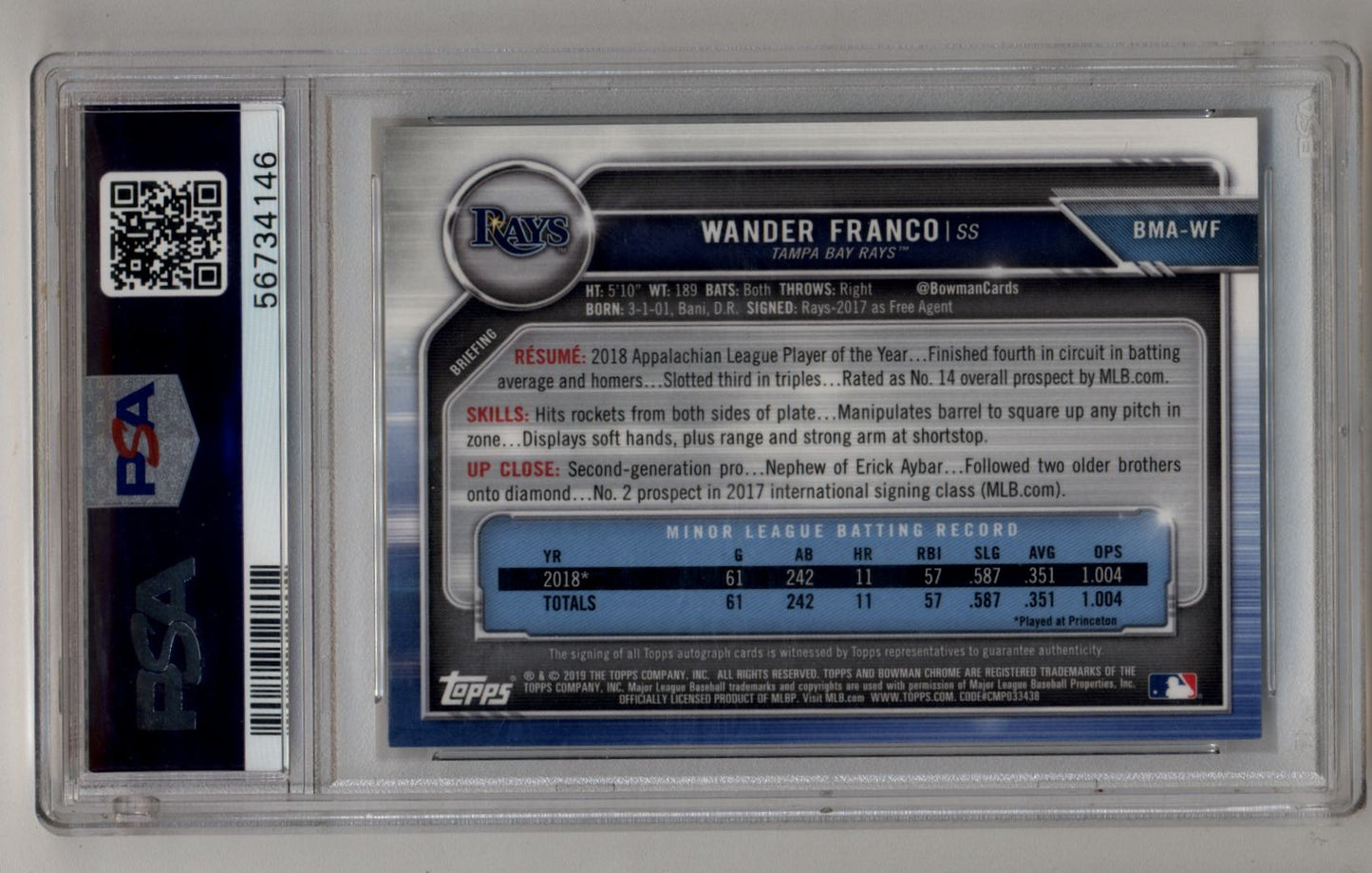 Wander Franco 2019 Bowman Chrome Mega Box Auto PSA 10 Gem Mint