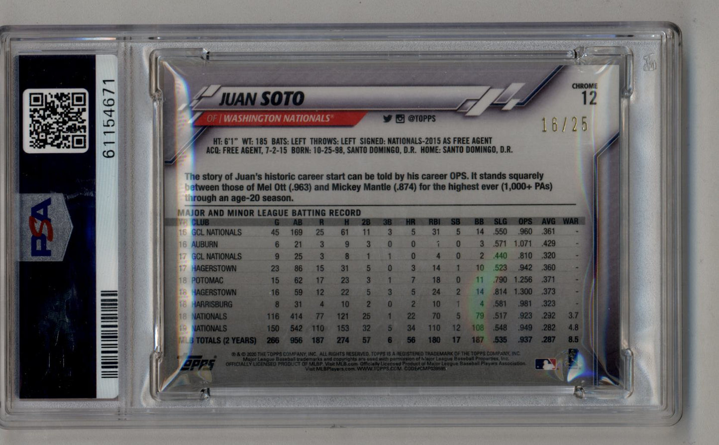 Juan Soto 2020 Topps Chrome Orange Refractor 16/25 PSA 9 Mint