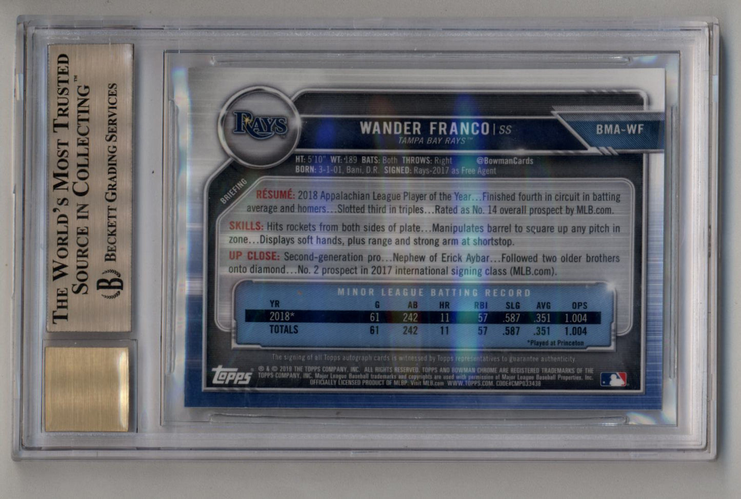 Wander Franco 2019 Bowman Chrome Mega Box Auto BGS 9.5 Gem Mint