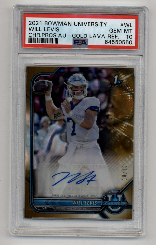 Will Levis 2021 Bowman University Chrome Prospects Gold Lava Refractor Auto 18/50 PSA 9 Mint