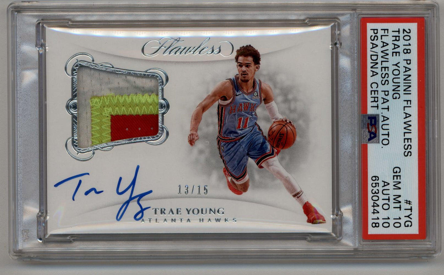 Trae Young 2018-19 Flawless Patch Auto Trae Young 13/15 PSA 10 Gem Mint Auto 10