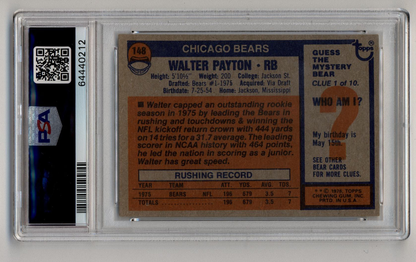 Walter Payton 1976 Topps #148 Rookie PSA 4 Very Good Excellent