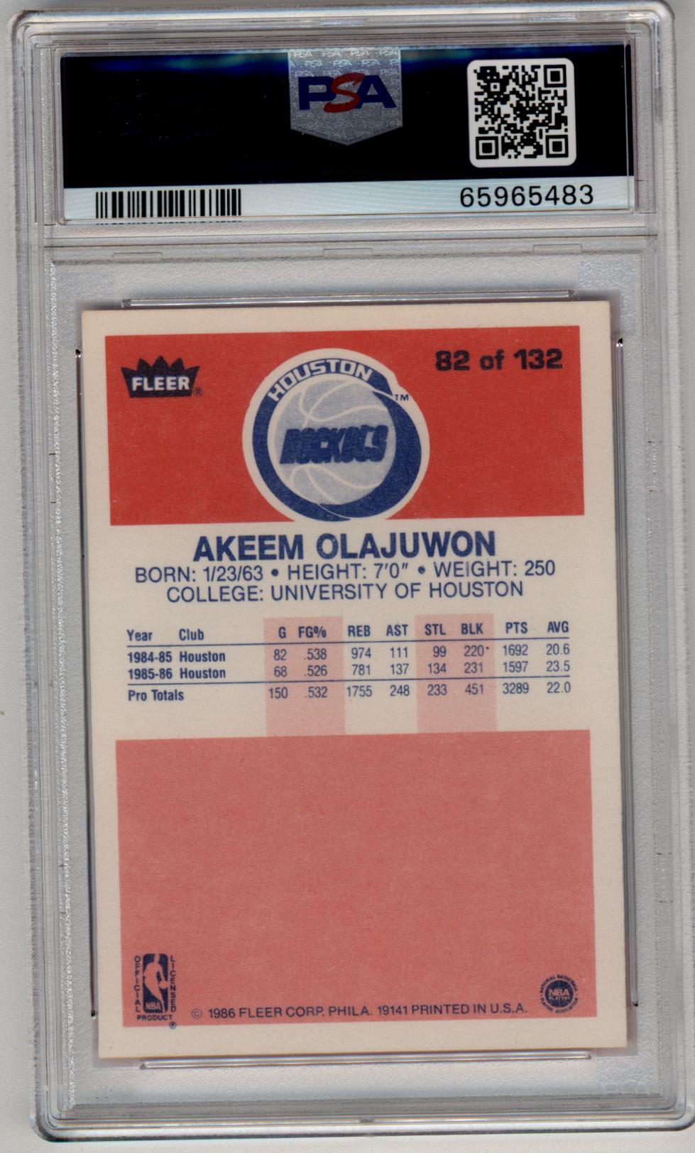Akeem Olajuwon 1986-87 Fleer Rookie #82 PSA 8 Near Mint Mint
