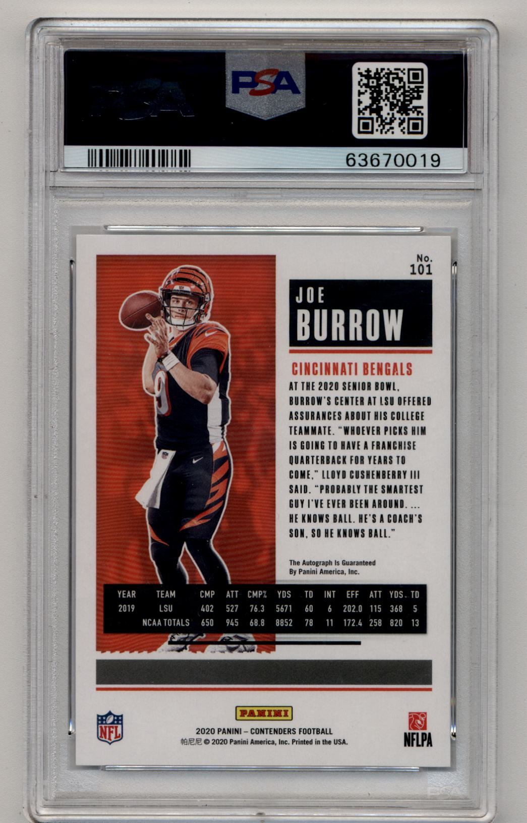 Joe Burrow 2020 Contenders Wild Card Auto #101 PSA 9 Mint Auto 10