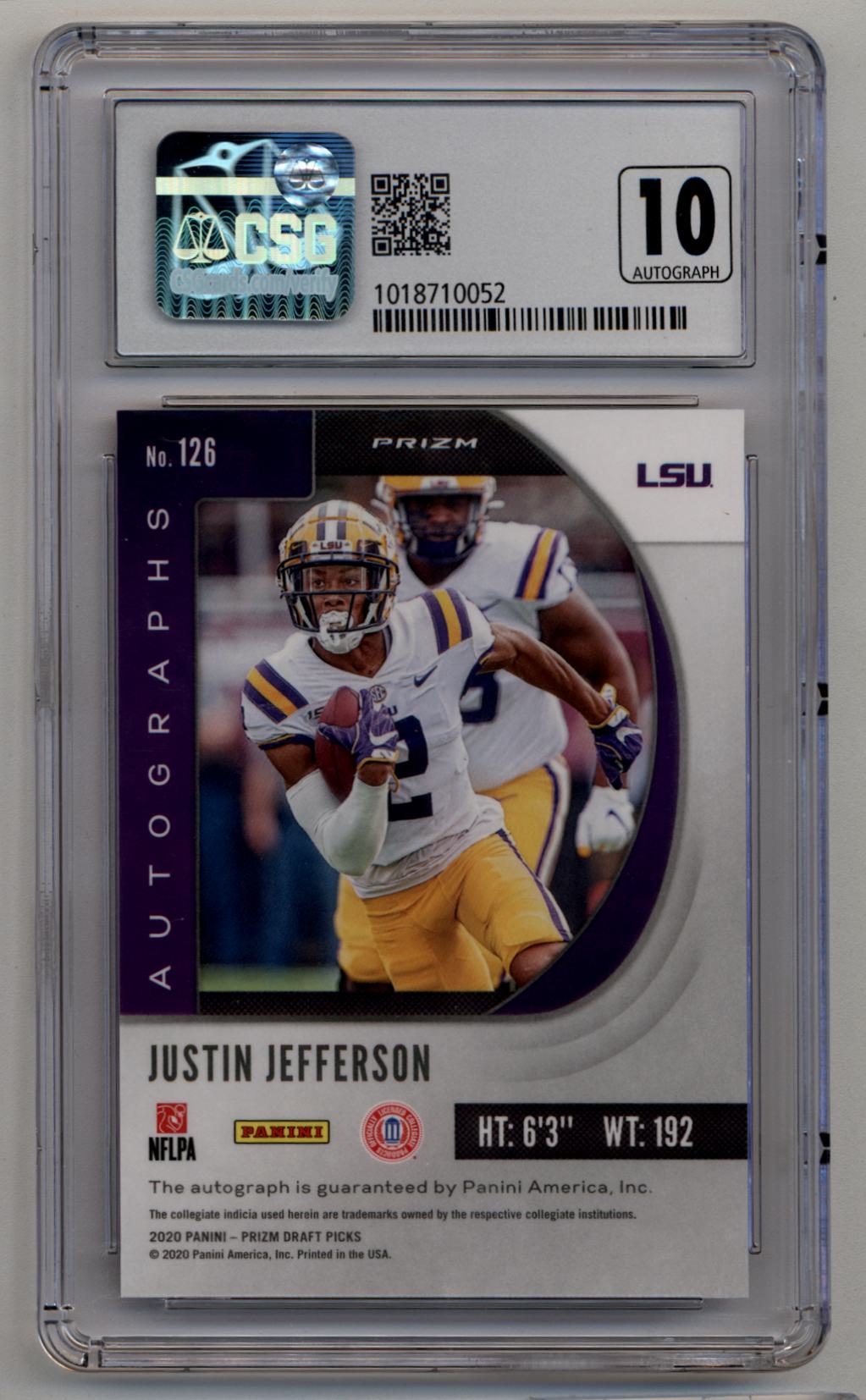 Justin Jefferson 2020 Prizm Draft Picks #126 Auto Red & Black Snake Skin CSG 9.5 Gem Mint