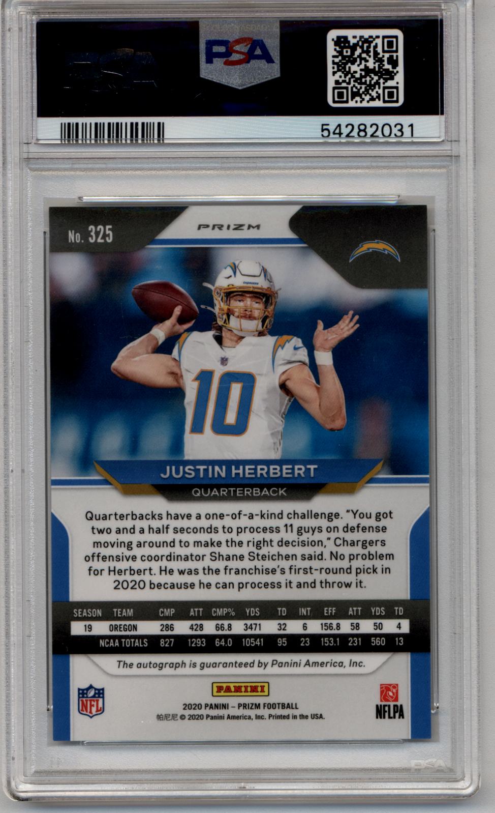 Justin Herbert 2020 Panini Prizm Auto PSA 10 Gem Mint