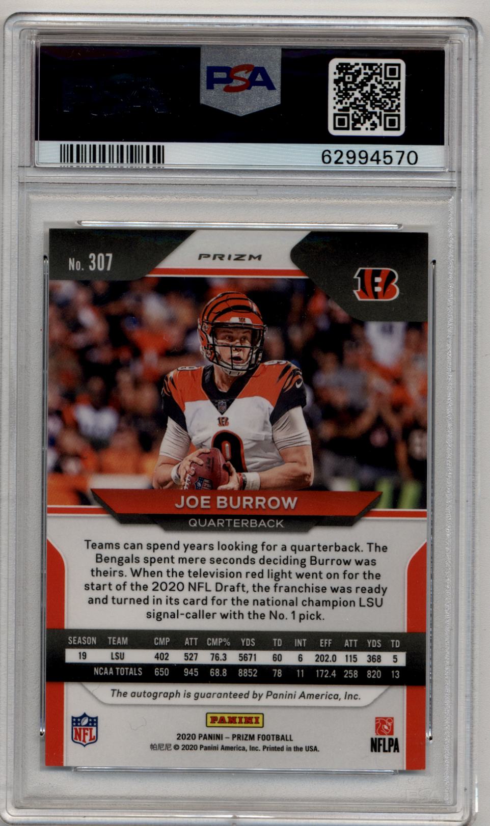 Joe Burrow 2020 Panini Prizm Rookie Auto #307 PSA 10 Gem Mint