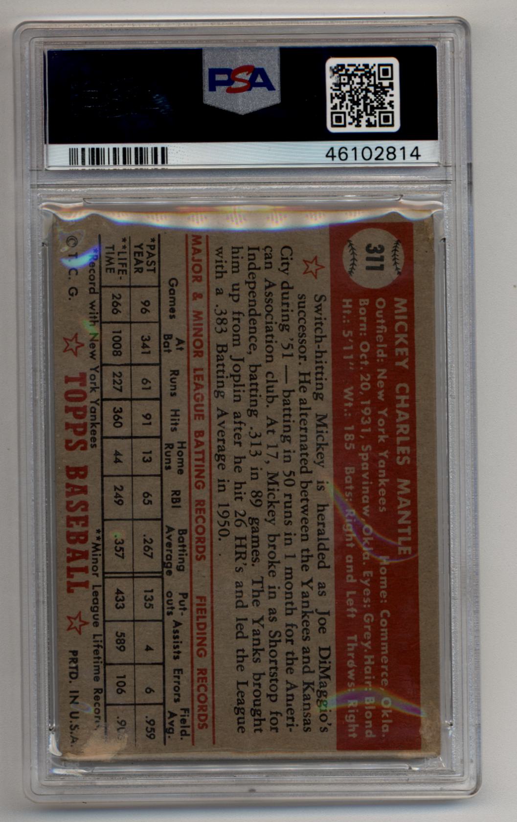 Mickey Mantle 1952 Topps Rookie #311 PSA 2 Good