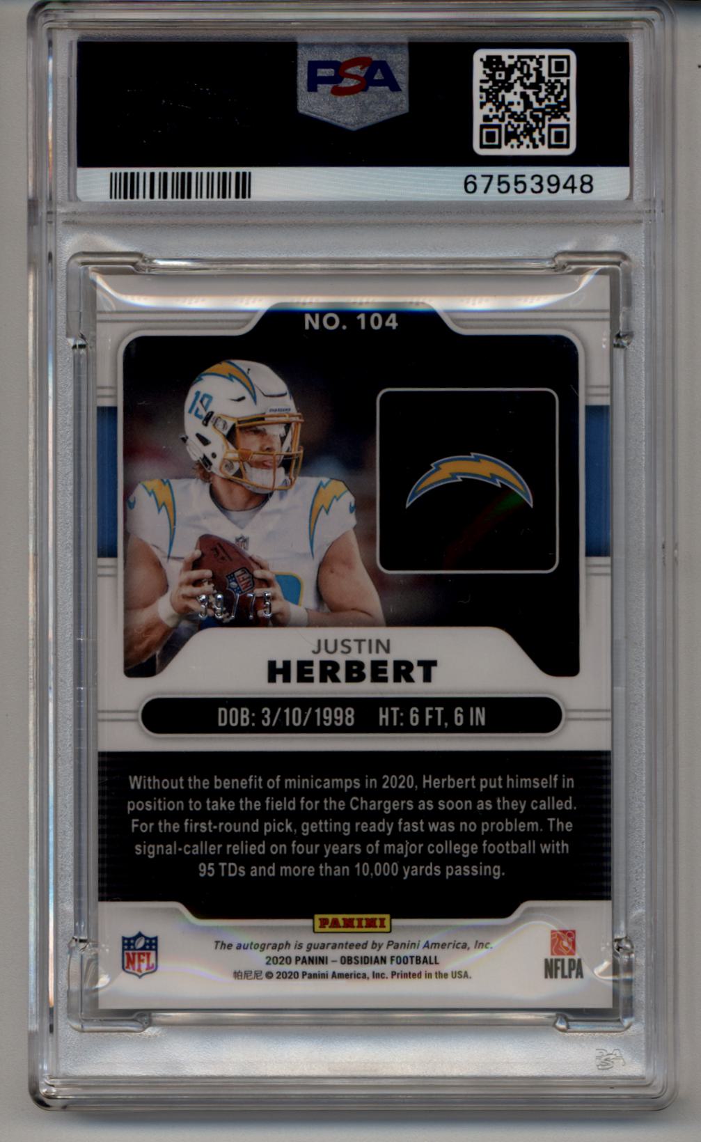 Justin Herbert 2020 Panini Obsidian Rookie Auto Electric Etch Orange #104 Justin Herbert 39/75 PSA 10 Gem Mint