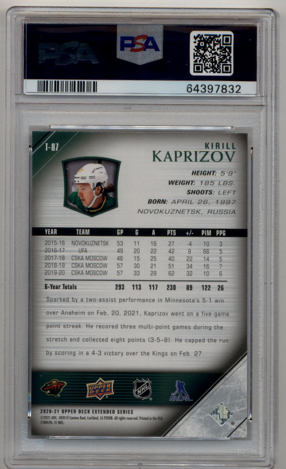 Kirill Kaprizov 2020-21 Upper Deck '05-06 Upper Deck Tribute #T87 Young Gun PSA 10 Gem Mint