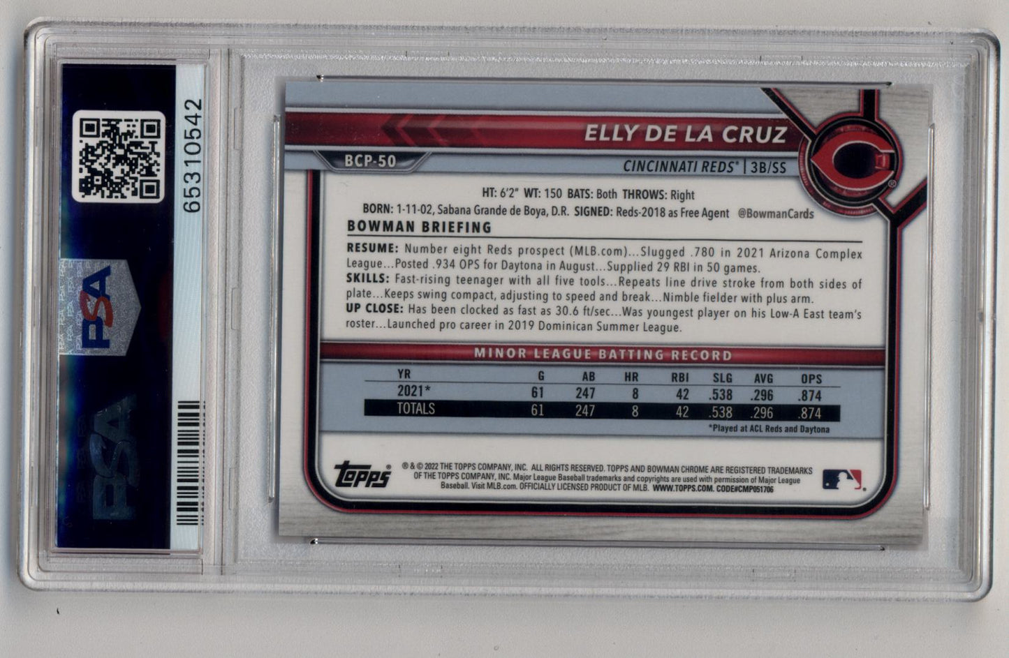 Elly De La Cruz 2022 Bowman Chrome Prospect Red Refractor #BCP50 3/5 PSA 9 Mint