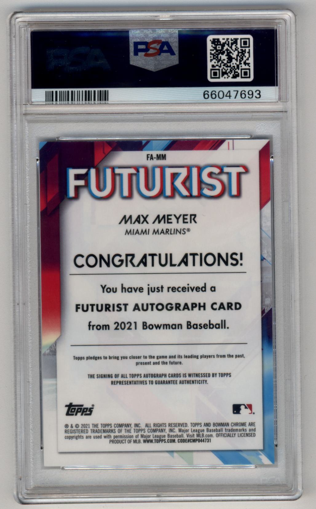 Max Meyer 2021 Bowman Chrome Mega Box Futurist Auto Black Refractors #FAMM 1/1 PSA 10 Gem Mint Auto 10
