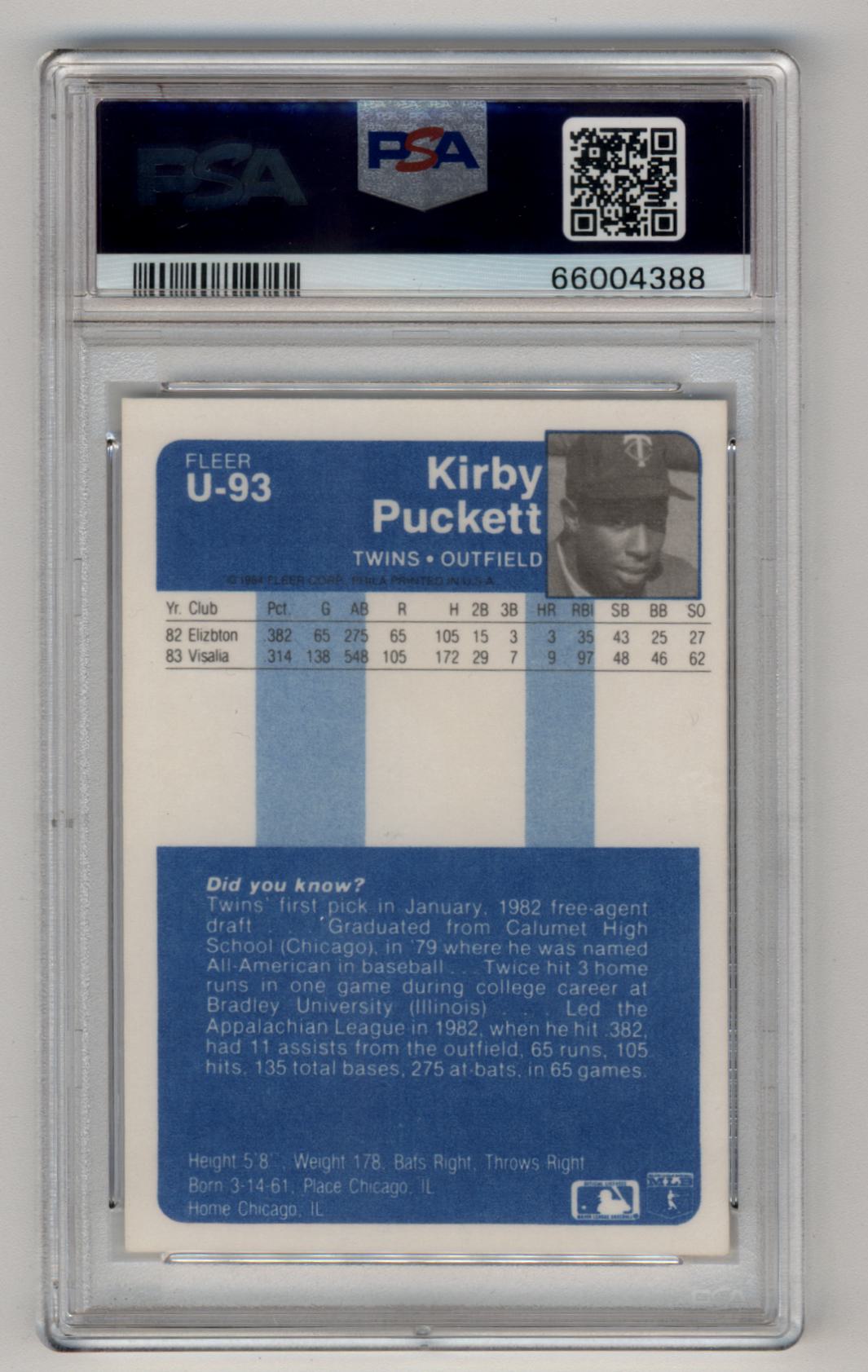 Kirby Puckett 1985 Fleer #286 Rookie PSA/DNA Authentic Auto