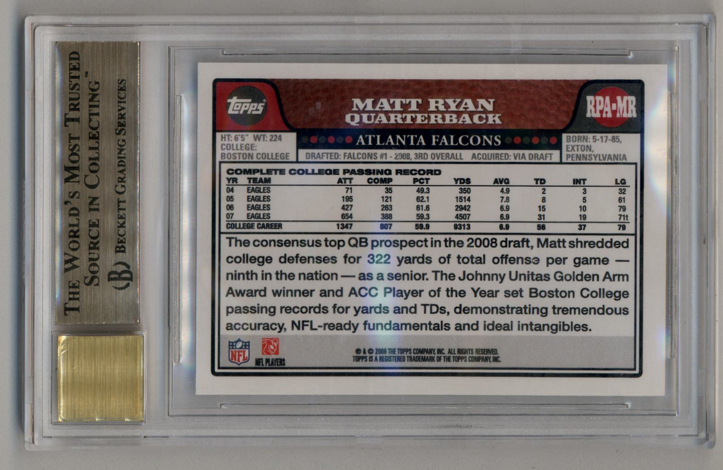 Matt Ryan 2008 Topps Rookie Premiere Auto BGS 9.5 Gem Mint