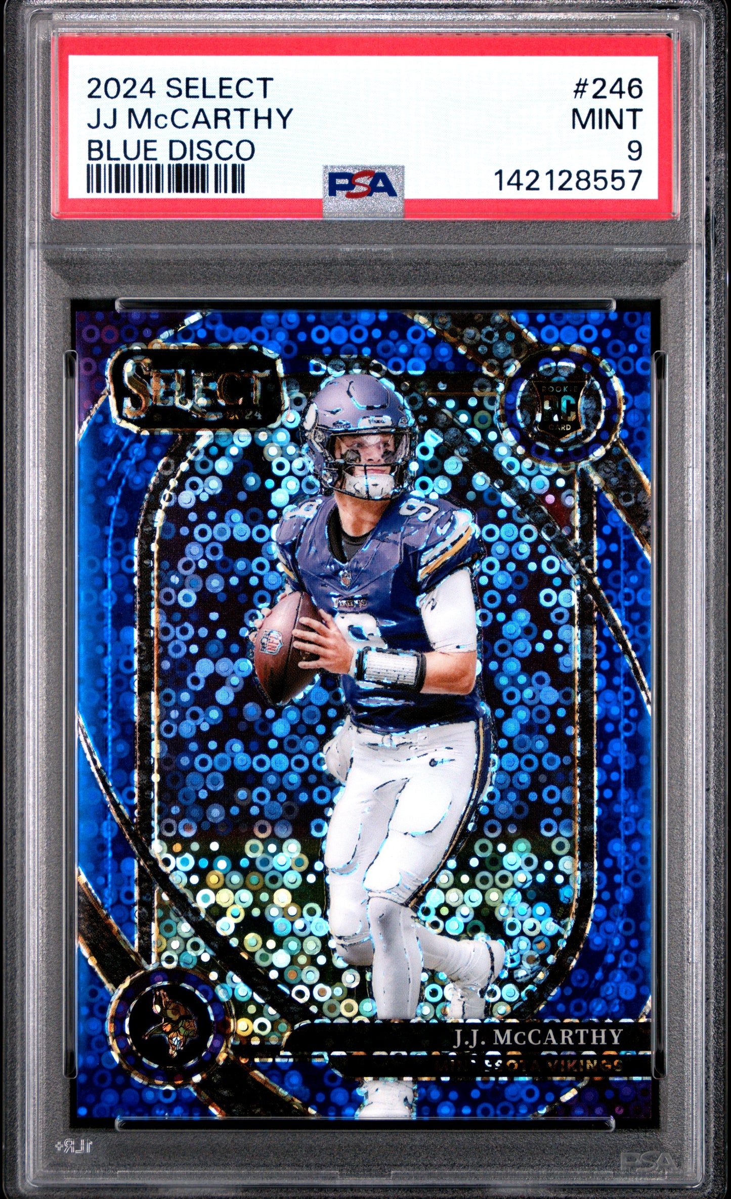 J.J. McCarthy 2024 Select Rookie #246 Blue Disco #8/25 PSA 9 Mint