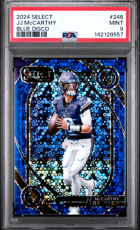 J.J. McCarthy 2024 Select Rookie #246 Blue Disco #8/25 PSA 9 Mint