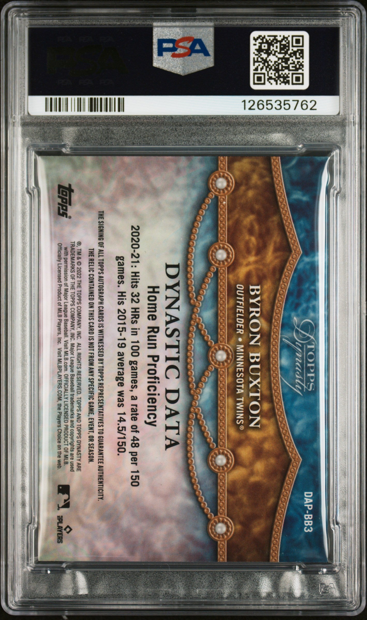 Byron Buxton 2022 Topps Dynasty MLB Logo Patch Auto #1/1 PSA 9 Auto 10