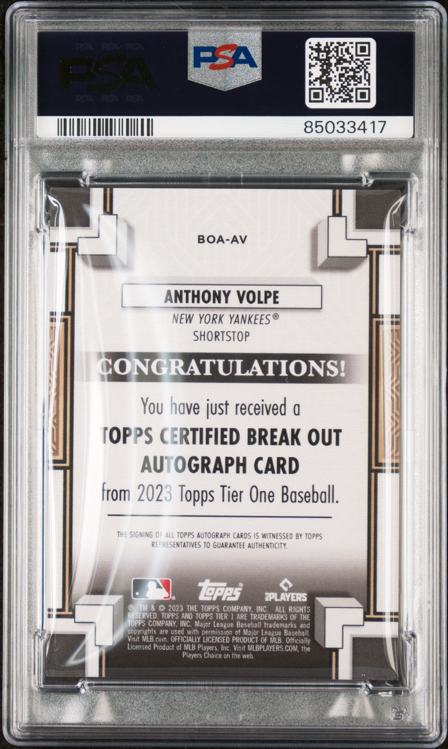 Anthony Volpe 2023 Topps Tier One Break Out Auto #7/99 PSA 10 Gem Mint