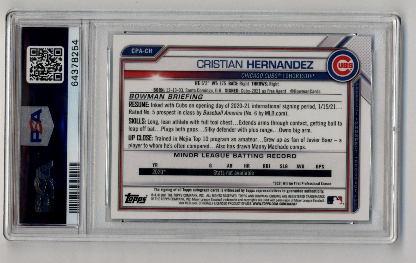 Cristian Hernandez 2021 Bowman Chrome Green Refractor Auto 64/99 PSA 8 Near Mint Auto 10