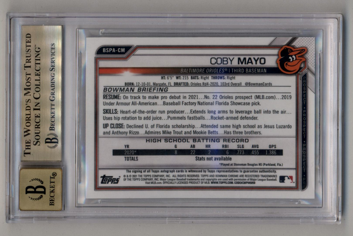 Coby Mayo 2021 Bowman Chrome Prospect Sapphire Auto BGS 9.5 Gem Mint Auto 10