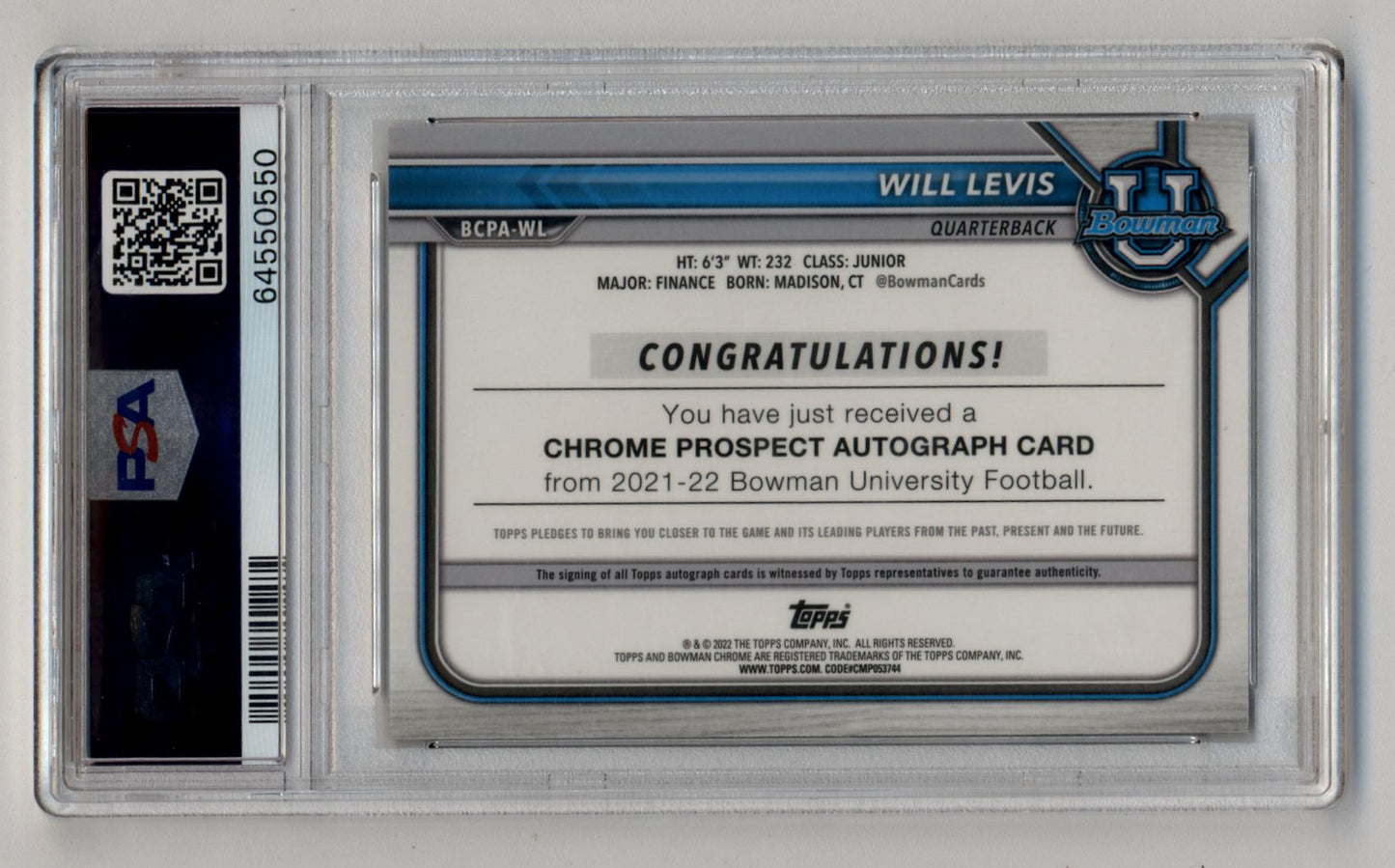 Will Levis 2021 Bowman University Chrome Prospects Gold Lava Refractor Auto 18/50 PSA 9 Mint