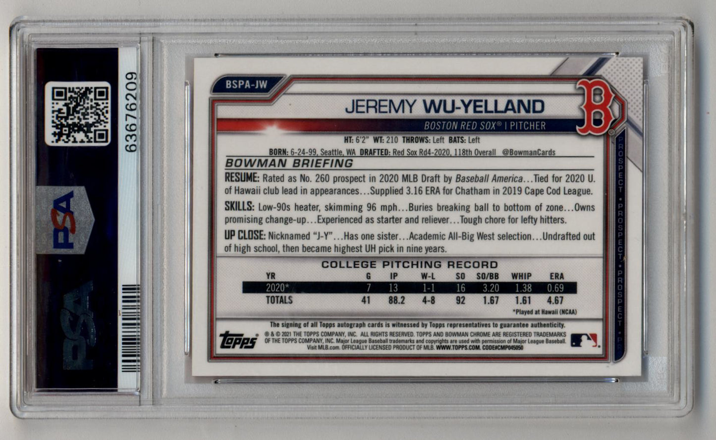 Jeremy Wu-Yelland 2021 Bowman Chrome Sapphire Edition Red Auto 4/5 PSA 10 Gem Mint