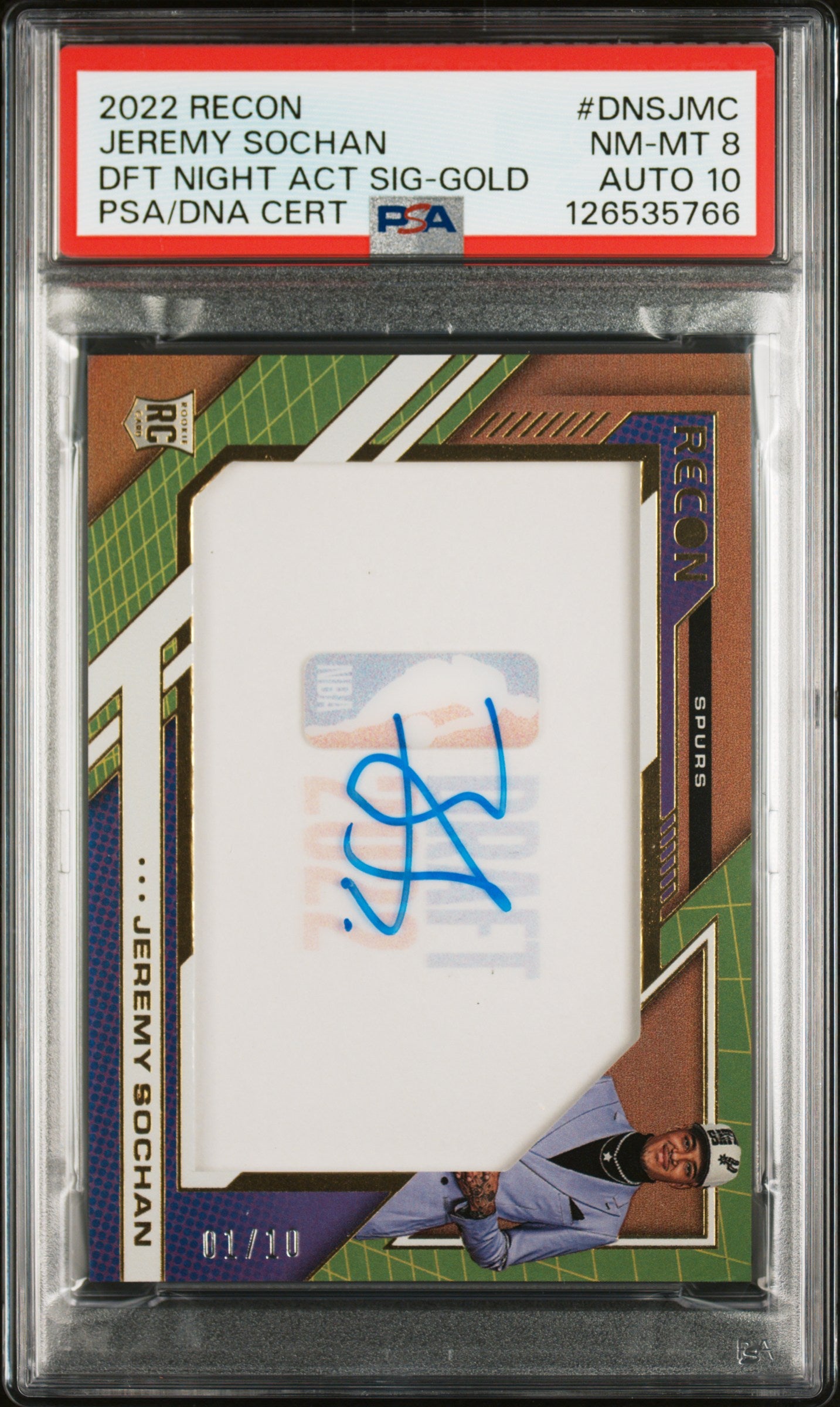 Jeremy Sochan 2022 Panini Recon Draft Night Gold Auto #1/10 PSA 8 Auto 10