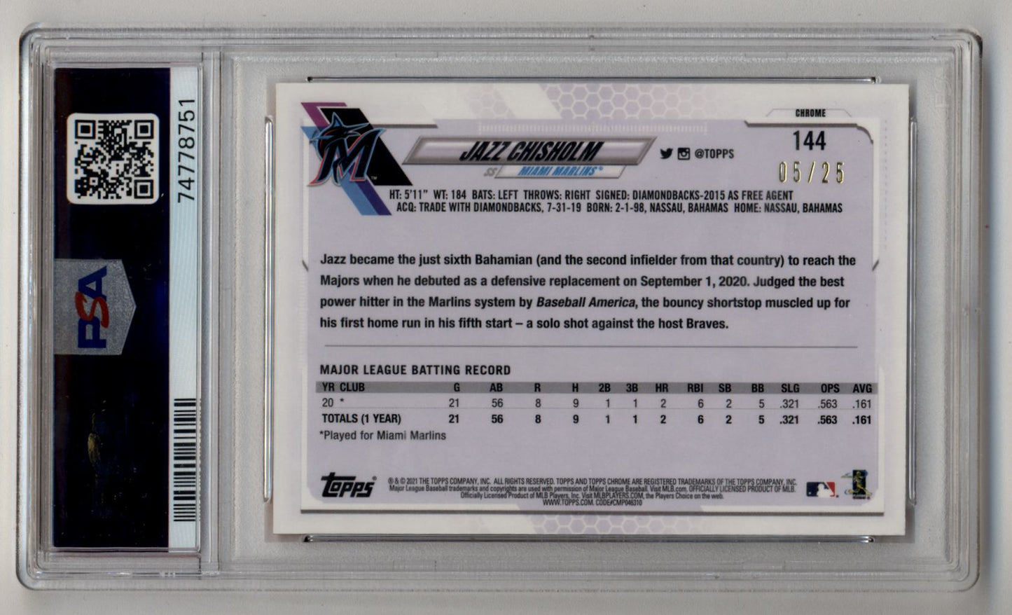 Jazz Chisholm 2021 Topps Chrome #144 Orange Refractor 05/25 PSA 10 Gem Mint