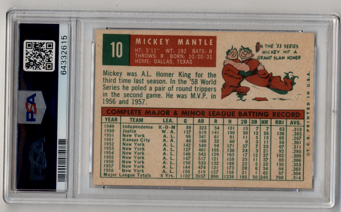 Mickey Mantle 1959 Topps #10 PSA 6 Excellent-Mint 2615