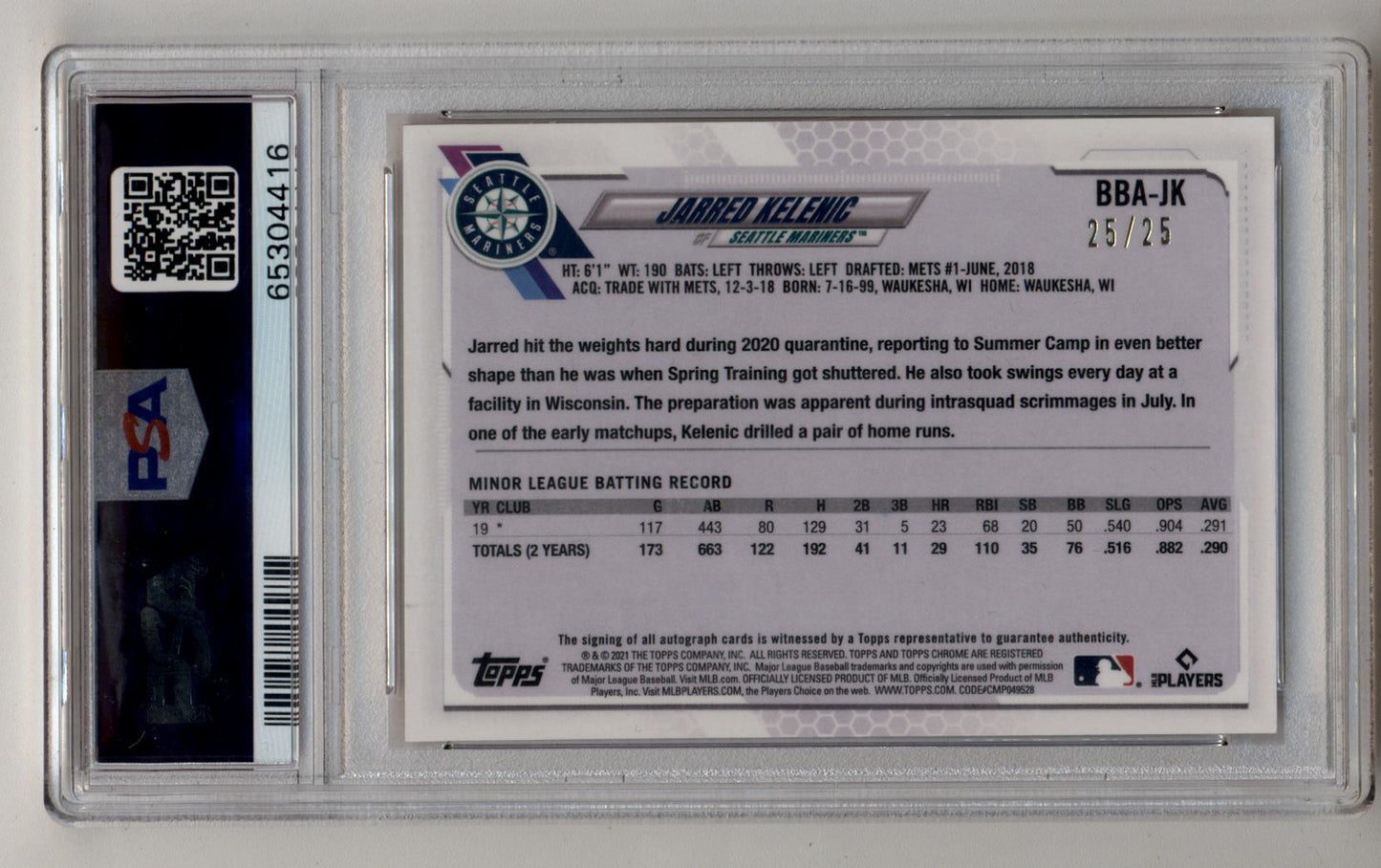 Jarred Kelenic 2021 Ben Baller Chrome Orange Auto 25/25 PSA 10 Gem Mint Auto 10