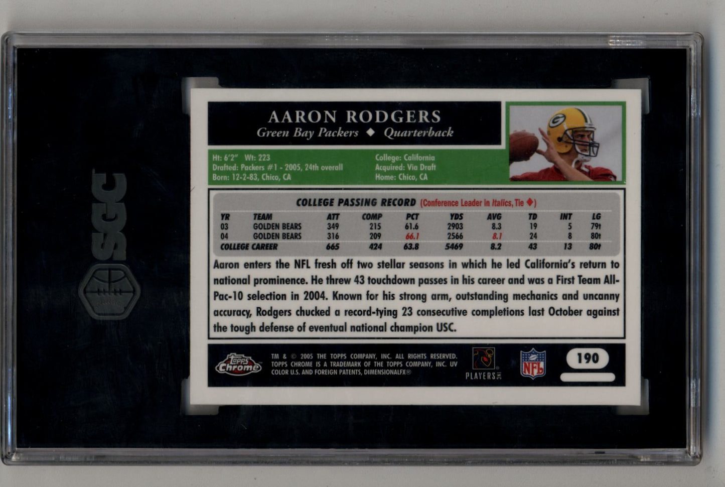 Aaron Rodgers 2005 Topps Chrome #190 SGC 9 Mint