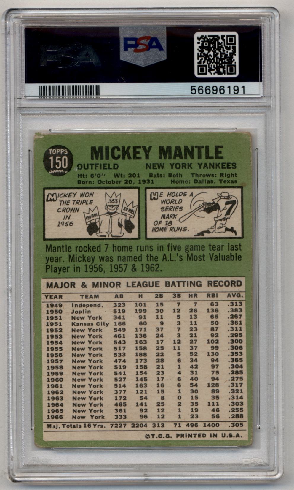 Mickey Mantle 1967 Topps #150 PSA 3 Very Good 6191