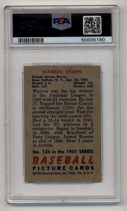 Warren Spahn 1951 Bowman #134 PSA 4 Very Good-Excellent
