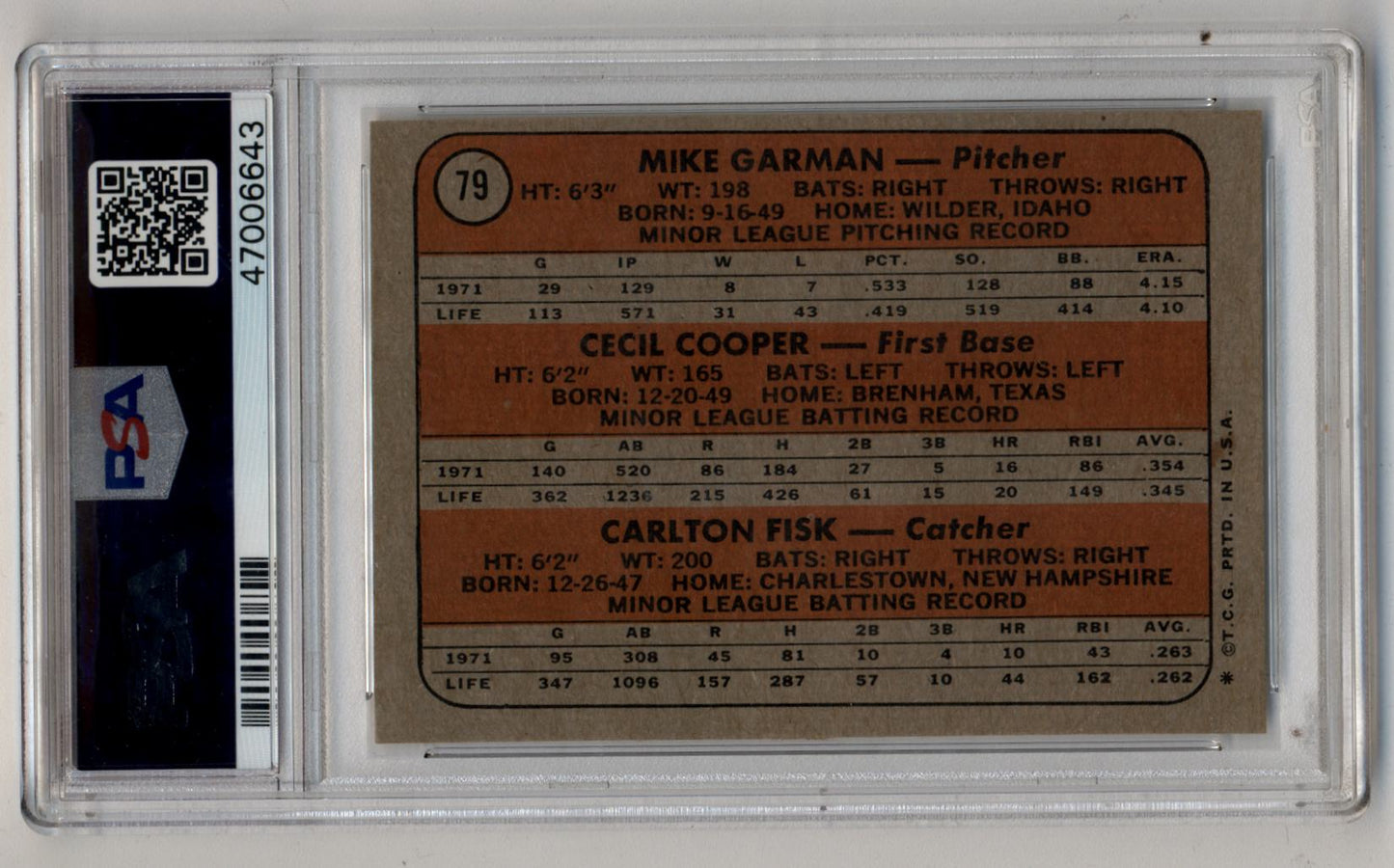 Fisk/Cooper/Garman 1972 Topps Red Sox Rookies #79 PSA 8 Near Mint-Mint 6643