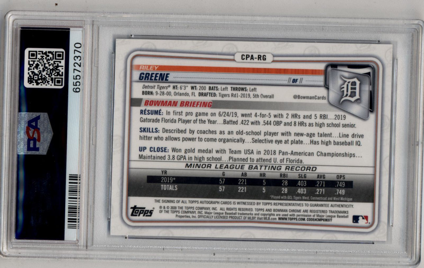 Riley Greene 2020 Bowman Chrome Blue Refractor Auto 099/150 PSA 10 Gem Mint