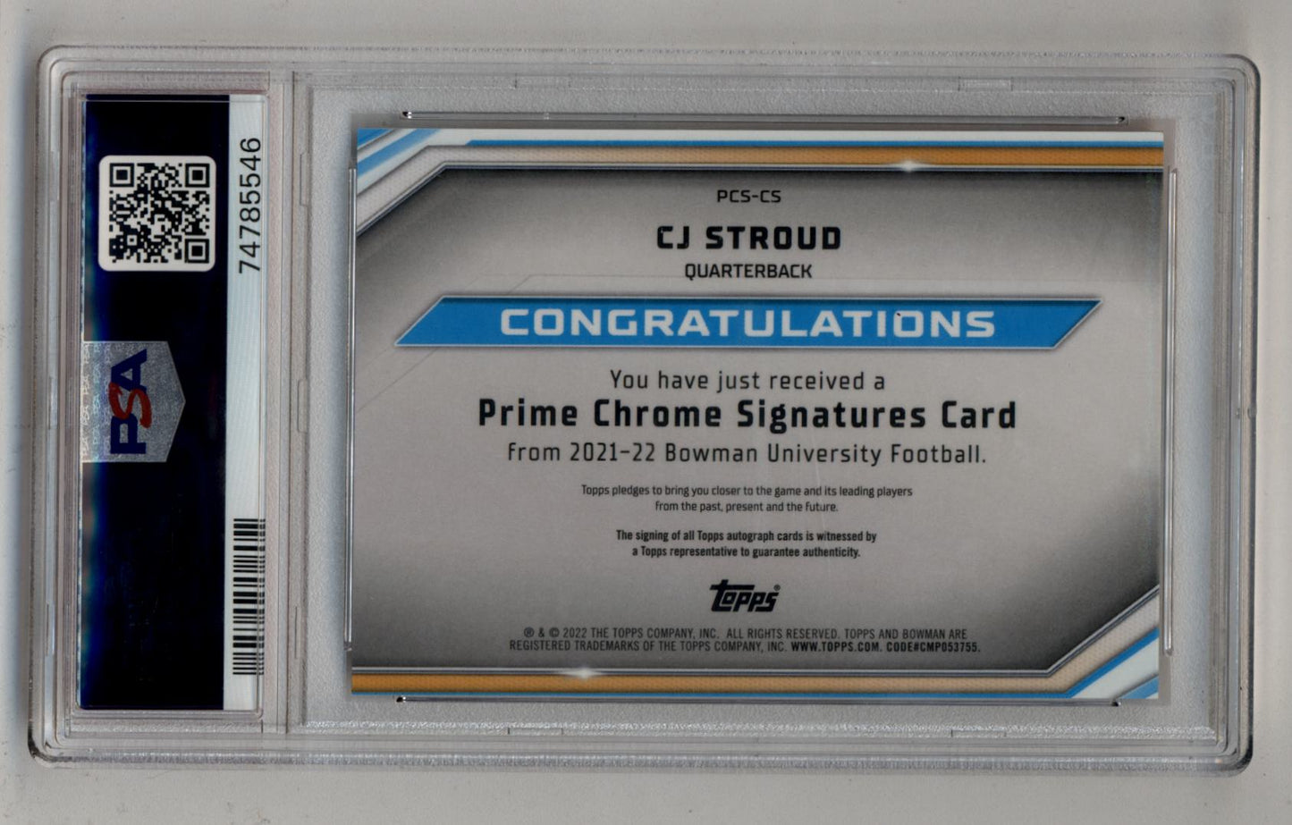 C.J. Stroud 2021 Bowman University Prime Signatures Orange Refractor Auto 24/25 PSA 10 Gem Mint Auto 10